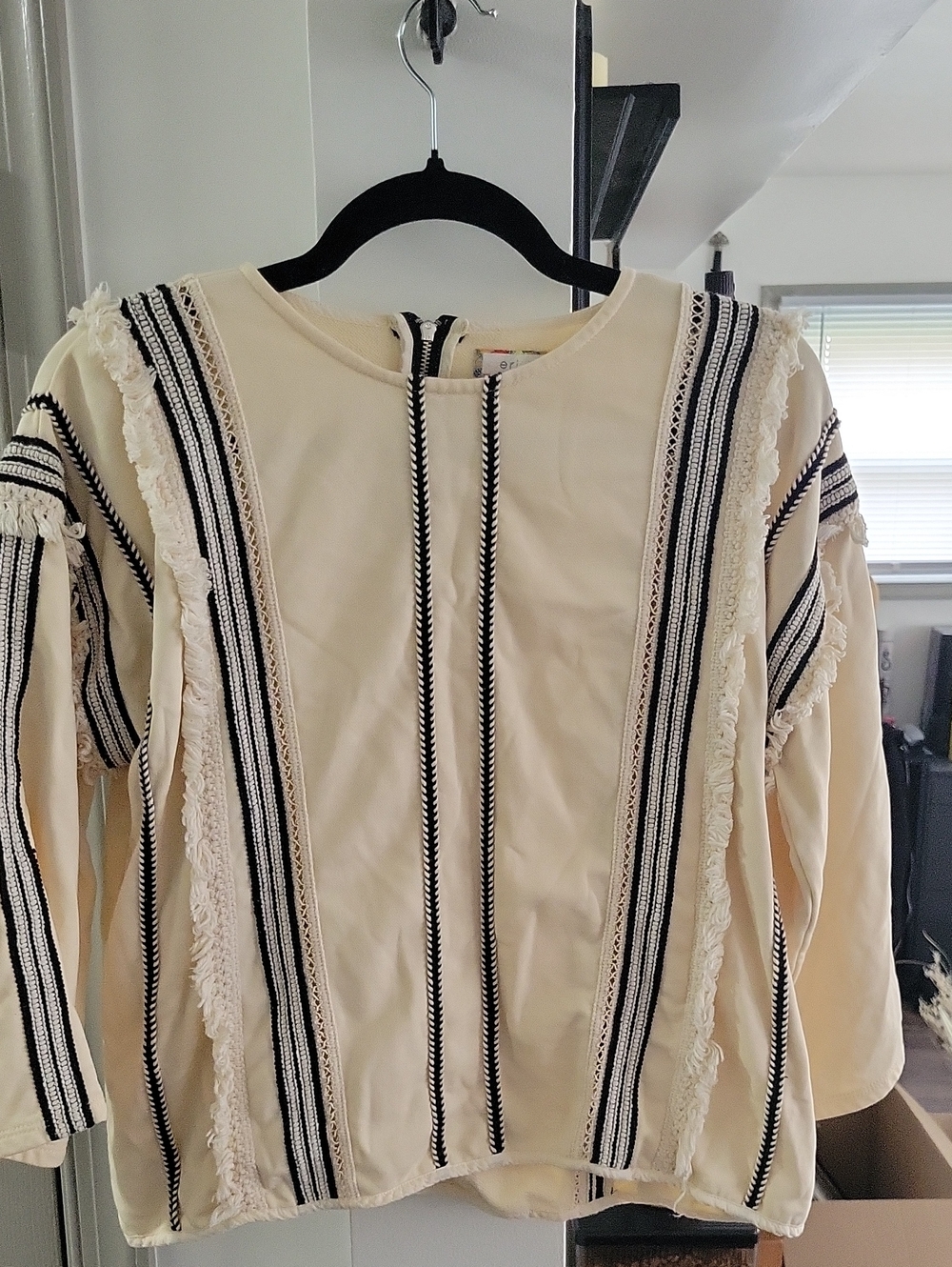 Cream Fringe Top with Black Stripe Detail
